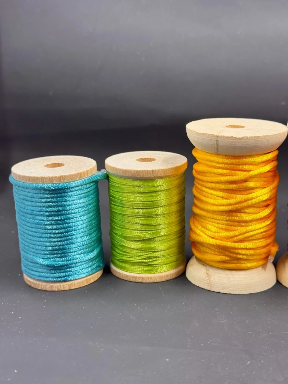 Six Wood Spools of Vibrant Satin Rattail Cording Spools for Crafts